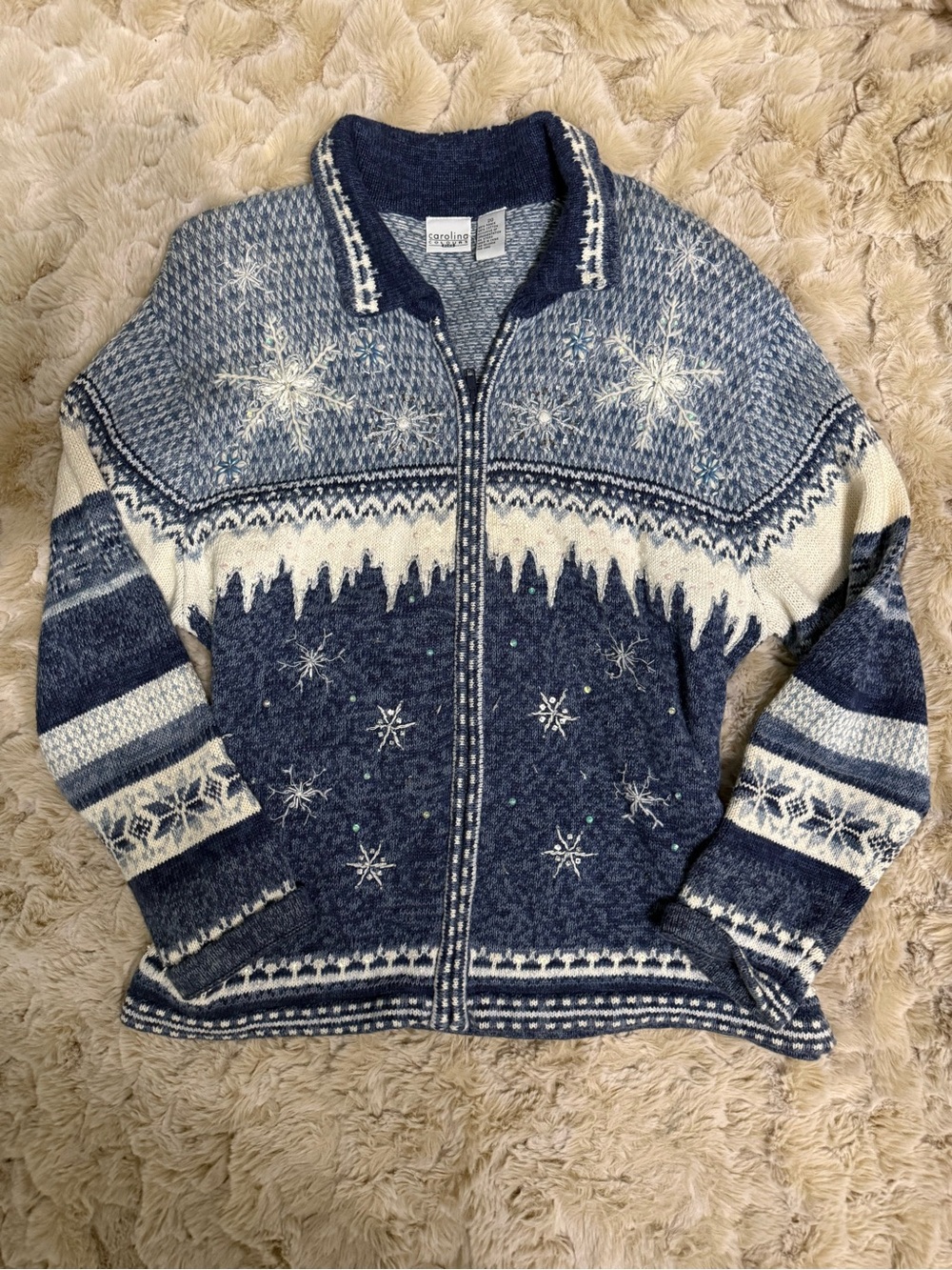 Vintage Carolina Colours Blue and White Zip-Up Snowflake Sweater